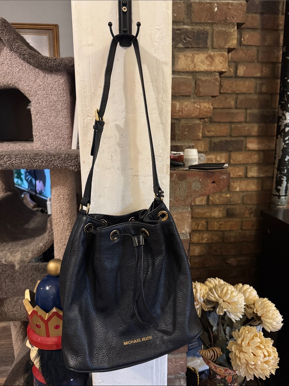 Michael Kors Black Pebbled Leather Drawstring Bucket Bag with Gold Hardware - Picture 2 of 5